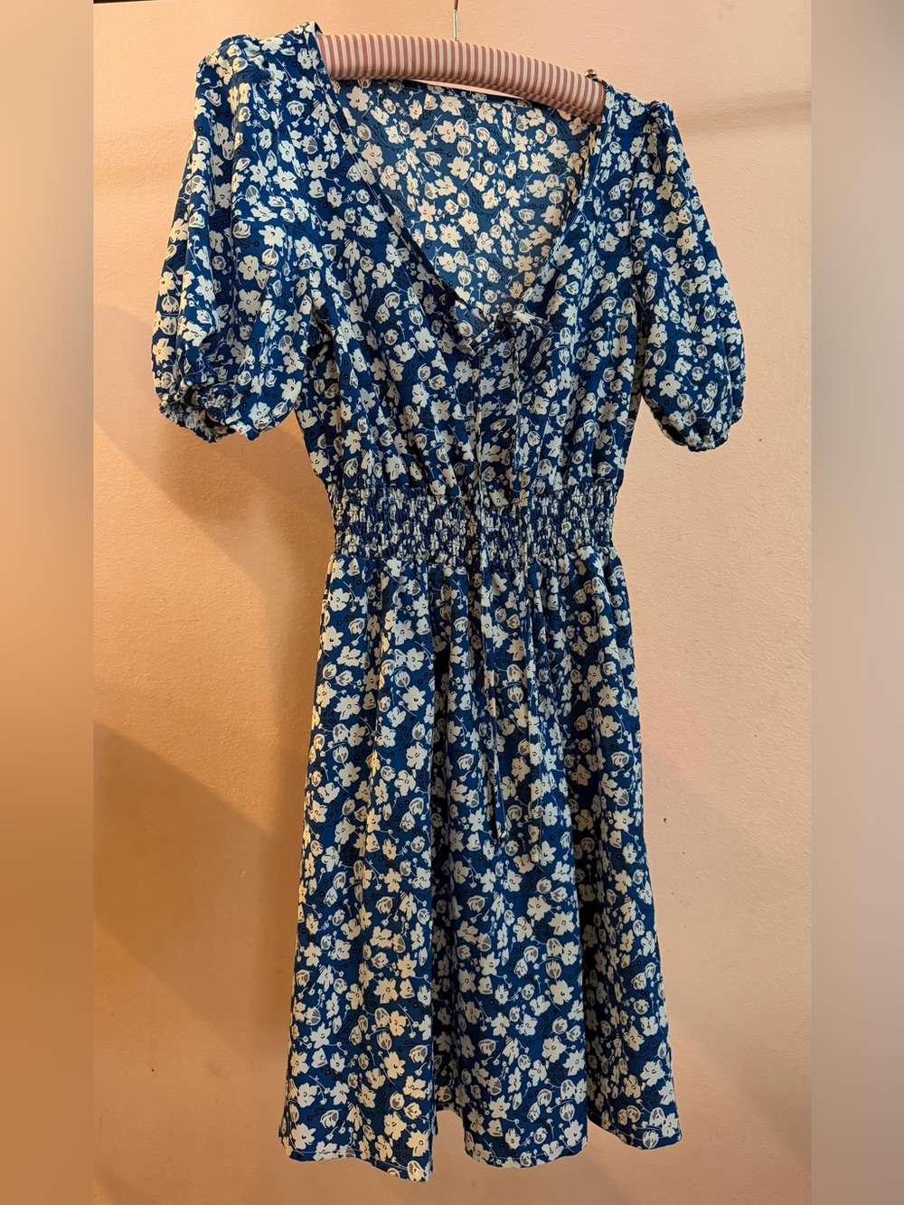Blue Floral Midi Dress with Smocked Waist